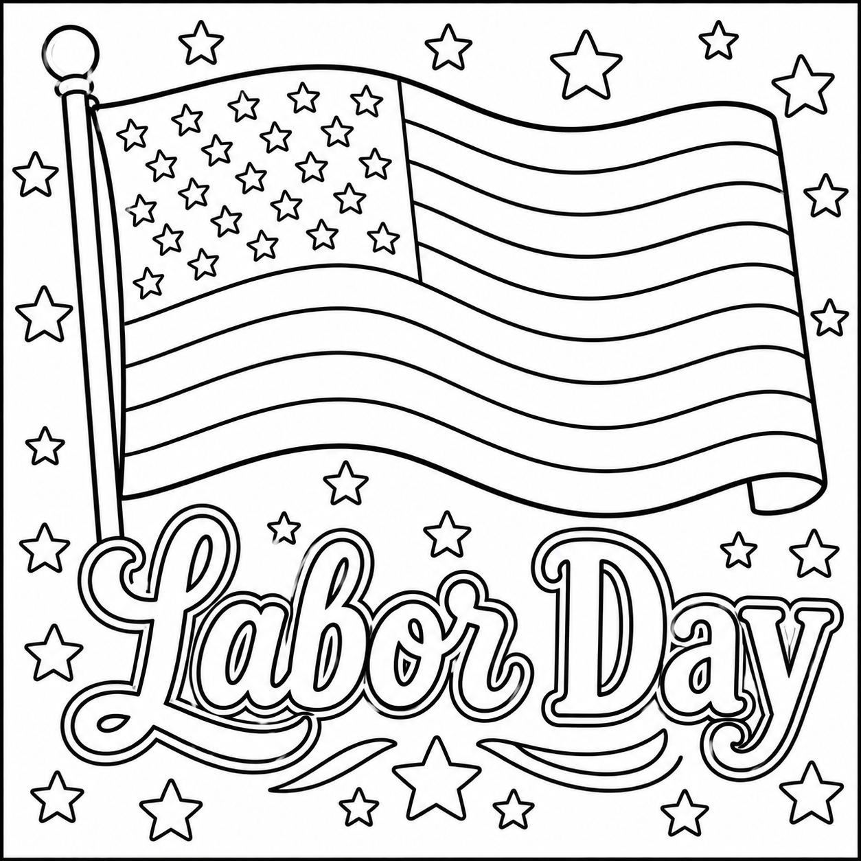 American Flag with Labor Day Text coloring page featuring stars and stripes